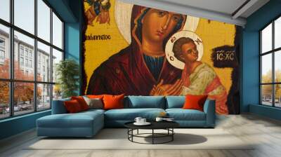 Virgin Mart and baby Jesus Christ, Greek Orthodox icon Wall mural