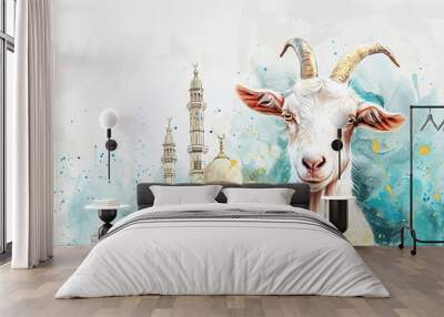 a watercolor of cute goat with mosque background template. Celebrate Eid Al Adha. Wall mural