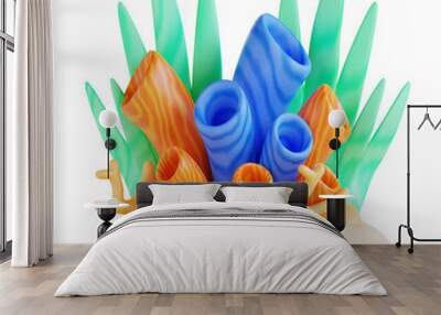 3d Vibrant orange and blue coral contrasts against sandy beach with green seagrass, ideal for marine life and underwater concepts. Wall mural