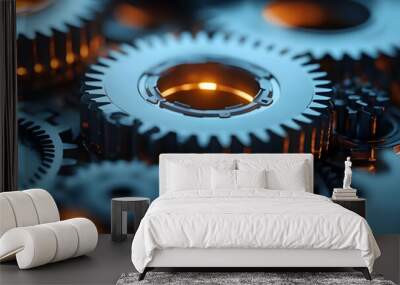 3D Gears Illustration - Interlocking Metal Cogwheels Wall mural