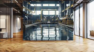 3D Illustration of a Large Industrial Factory with Water Reflecting the Structures Wall mural