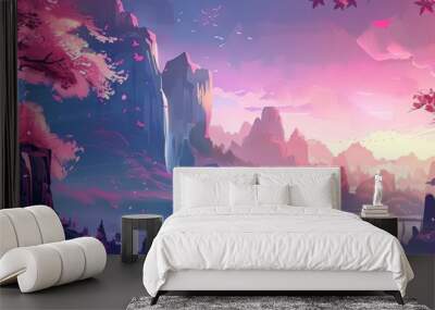 a serene forest scene featuring a large tree and calm water, with a variety of trees in the backgro Wall mural