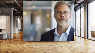 a well - dressed man with a white and gray beard and black glasses stands in front of a white ceili Wall mural