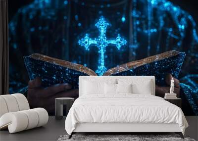 Abstract Illustration of Luminous Bible and Cross Held by Priest Wall mural