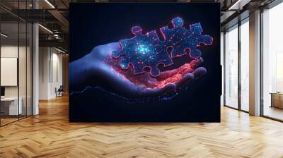 Abstract Illustration of Two Glowing Puzzle Pieces Connecting in Hand Wall mural