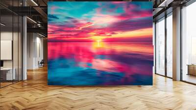 An image of a vibrant sunset over a serene lake, with colorful reflections shimmering on the water Wall mural