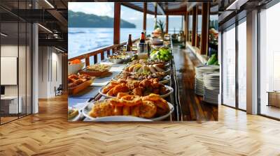 brunch cruise on the water with a variety of food served on white plates and bowls, accompanied by Wall mural