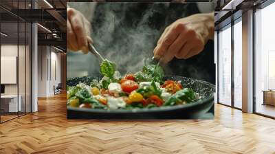 Chef Prepares Fresh Garden Salad with Steaming Vegetables Photo Wall mural