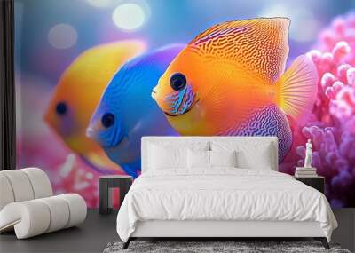 Colorful Discus Fish Swimming Near Pink Coral - Underwater Photo Wall mural