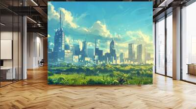 conceptual illustration of the future with futuristic buildings and renewable energy sources Wall mural