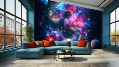 Cosmic Number 3 Illustration - A Vibrant Galaxy of Colors Wall mural