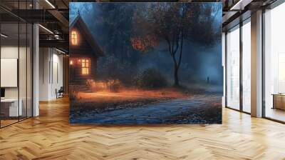 Cozy Log Cabin with Jack-o-Lanterns in a Foggy Forest - Digital Illustration Wall mural