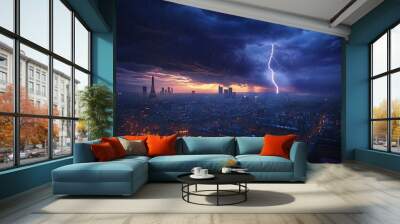 Dramatic Lightning Storm Over Paris Cityscape Illustration Wall mural