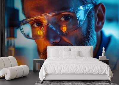 Focused Scientist in a Lab with Goggles and Orange Light Wall mural