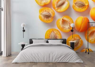 fresh apricots on clean isolated background, accompanied by sliced oranges Wall mural