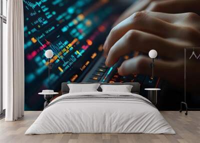 Futuristic Digital Illustration of Hands Typing on a Laptop Keyboard with Glowing Data Charts in the Background Wall mural