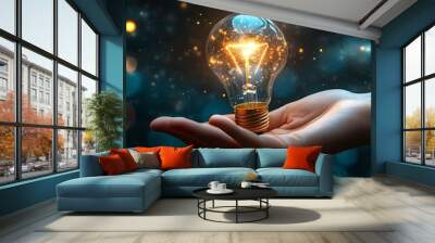 Hand Holding a Glowing Light Bulb with Sparkles Illustration Wall mural