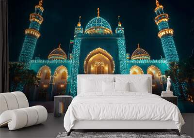 Illuminated Mosque Photo: Grand Entrance at Night with Teal and Gold Lights Wall mural