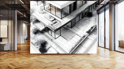 Illustration Modern House Sketch Architectural Design Trees Wall mural