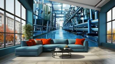 Industrial Factory Interior with Shiny Steel Pipes and Tanks - Photo Wall mural