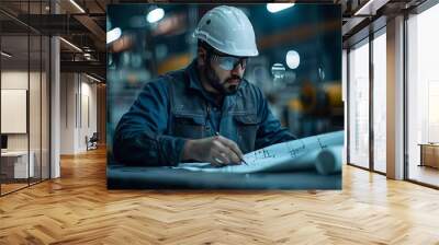 Industrial Worker Reviewing Blueprints in Factory Setting - Realistic Image Wall mural