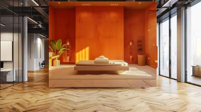 Minimalist Orange Spa Bathroom with Wooden Accents Wall mural