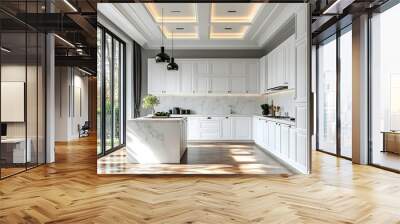 Modern White Kitchen Illustration with Marble Island and Hardwood Floors Wall mural