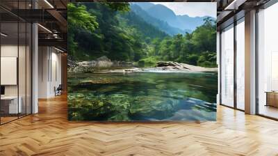 mountain spring serenity captured in a serene river surrounded by lush green trees under a cloudy blue sky Wall mural