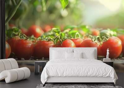 Red Tomatoes on Vine with Green Leaves, Realistic Image Wall mural