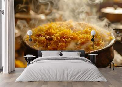 Steaming Bowl of Yellow Rice with Spices - Food Photography Wall mural