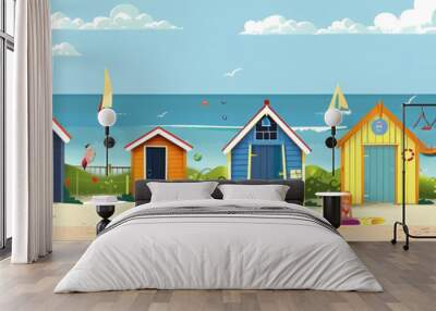 summer beach hut illustration featuring a yellow surfboard, blue sky, and red flag Wall mural