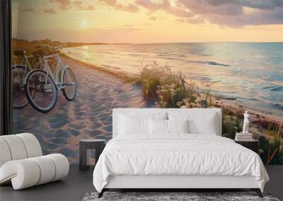 summer bicycle ride background on the beach with blue sky and water Wall mural