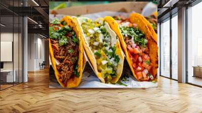 taco tuesday fiesta with a variety of tacos and condiments Wall mural