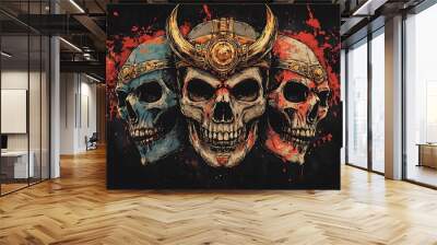 Three Skulls with Gold Crowns and Blood Splatter Illustration Wall mural