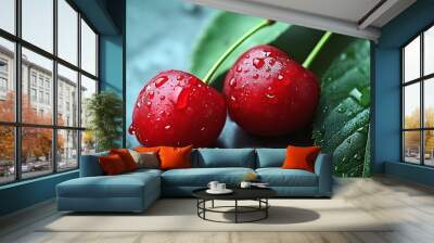 Two Fresh Red Cherries Photo With Water Droplets on Green Leaves Wall mural