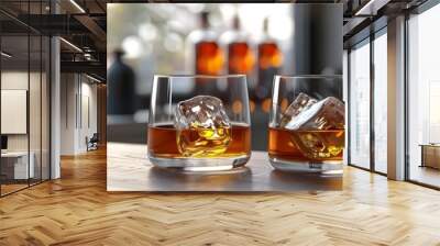 Two Glasses of Whiskey with Ice on Wooden Table 3D Illustration Wall mural