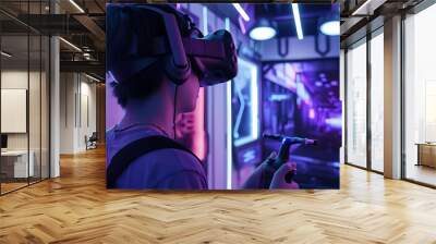 virtual reality gaming equipment in a room with a person wearing a black and blue shirt, a silver n Wall mural