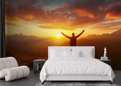 Woman Standing on Mountain Peak Sunset Landscape Photo Wall mural