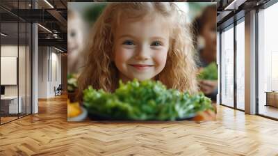 Eating vegetables, children like to eat vegetables, vegetables are healthy, children have breakfast with vegetables, children take photos in front of vegetables, girl eat vegetable Wall mural