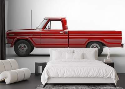 A classic red pickup truck viewed from the side, showcasing its vintage design and style. Wall mural