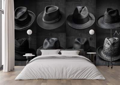 A collection of stylish black hats displayed in a grid format. Wall mural