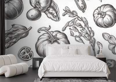 A monochromatic illustration of various vegetables and herbs arranged artistically. Wall mural