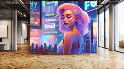 A stylish woman in a vibrant urban setting with neon lights. Wall mural