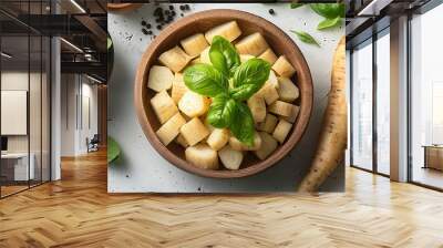 A wooden bowl of chopped vegetables with fresh basil, surrounded by greens and roots. Wall mural