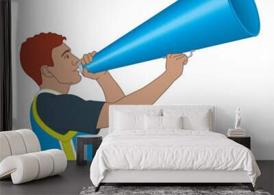 cheerleading, male cheerleader shouting in a megaphone isolated on a white background Wall mural