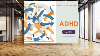 ADHD landing page template with man in doubt among plenty of arrows. Mental health banner Wall mural