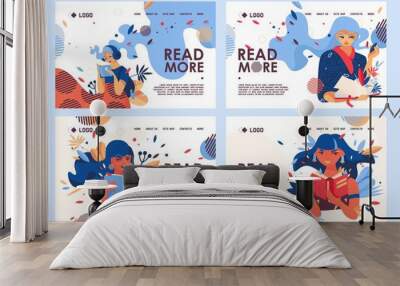 Vector collection of educational banners or landing page templates for love to read. Reading young woman characters with open books, decorated with greenery Wall mural