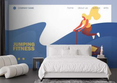 Vector concept banner with young woman jump on trampoline. Sport scene, good for gym jumping fitness healthy lifestyle courses. Blue wave, flat character Wall mural