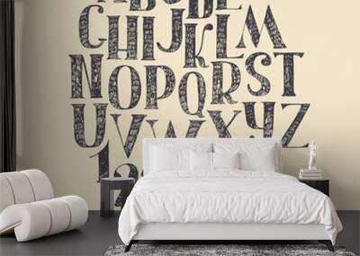 Vector hand drawn font, based on english hand drawn abc from a to z and numbers from 0 to 9. Capital font made with nib and serif, decorated hatch freehand alphabet . Isolated vector illustration. Wall mural