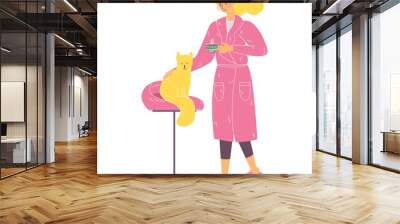 Young woman in pink home bathrobe with cat sitting on chair. Home lovely characters drawn with lines and flat style. Vector isolated on white illustration Wall mural